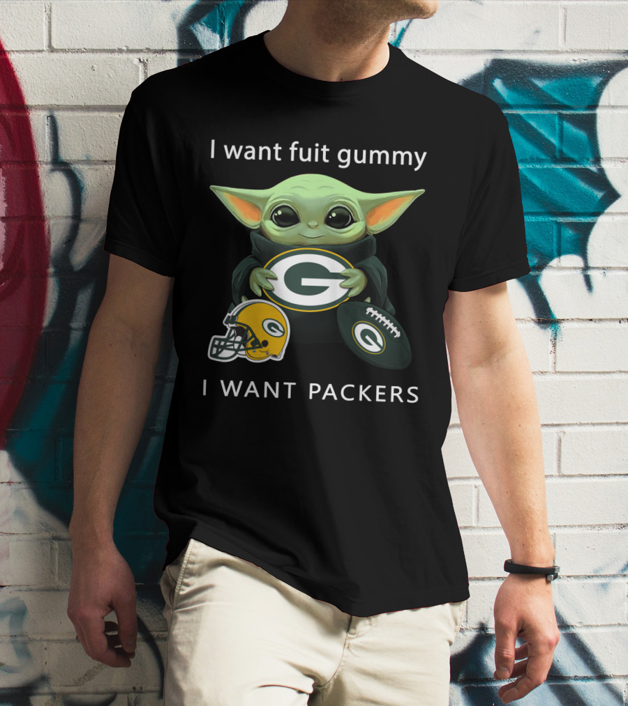 I Want Fruit Gummy I Want Packers Green Bay Packers Baby Yoda Helmet Football T-Shirt