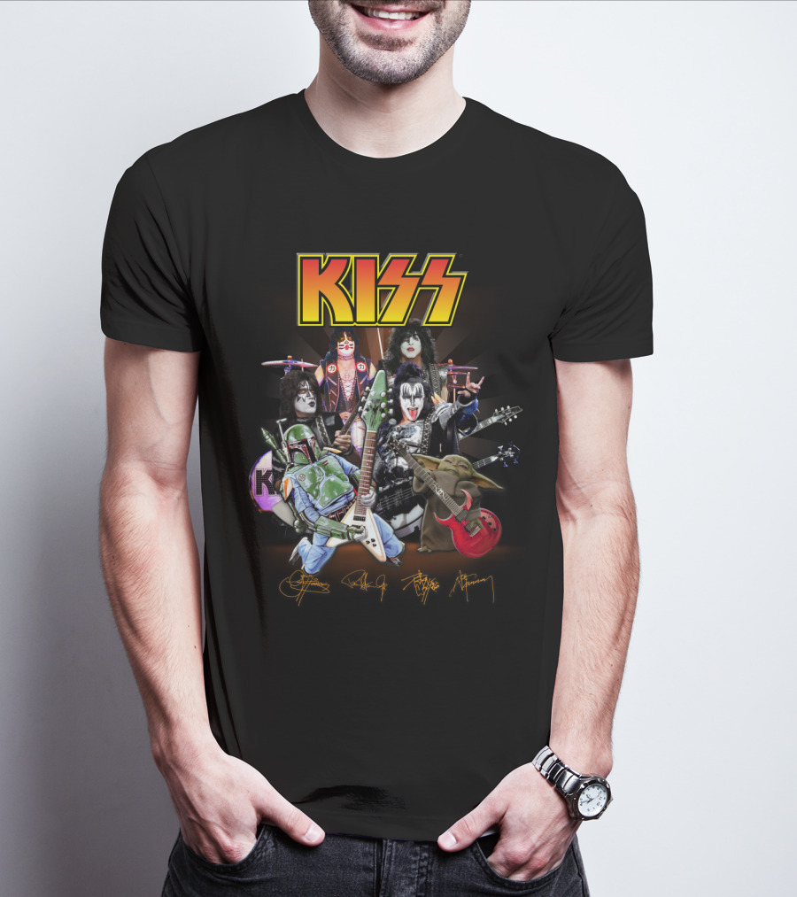Kiss Star Wars Crossover With Boba Fett And Grogu Guitar Band Members T-Shirt