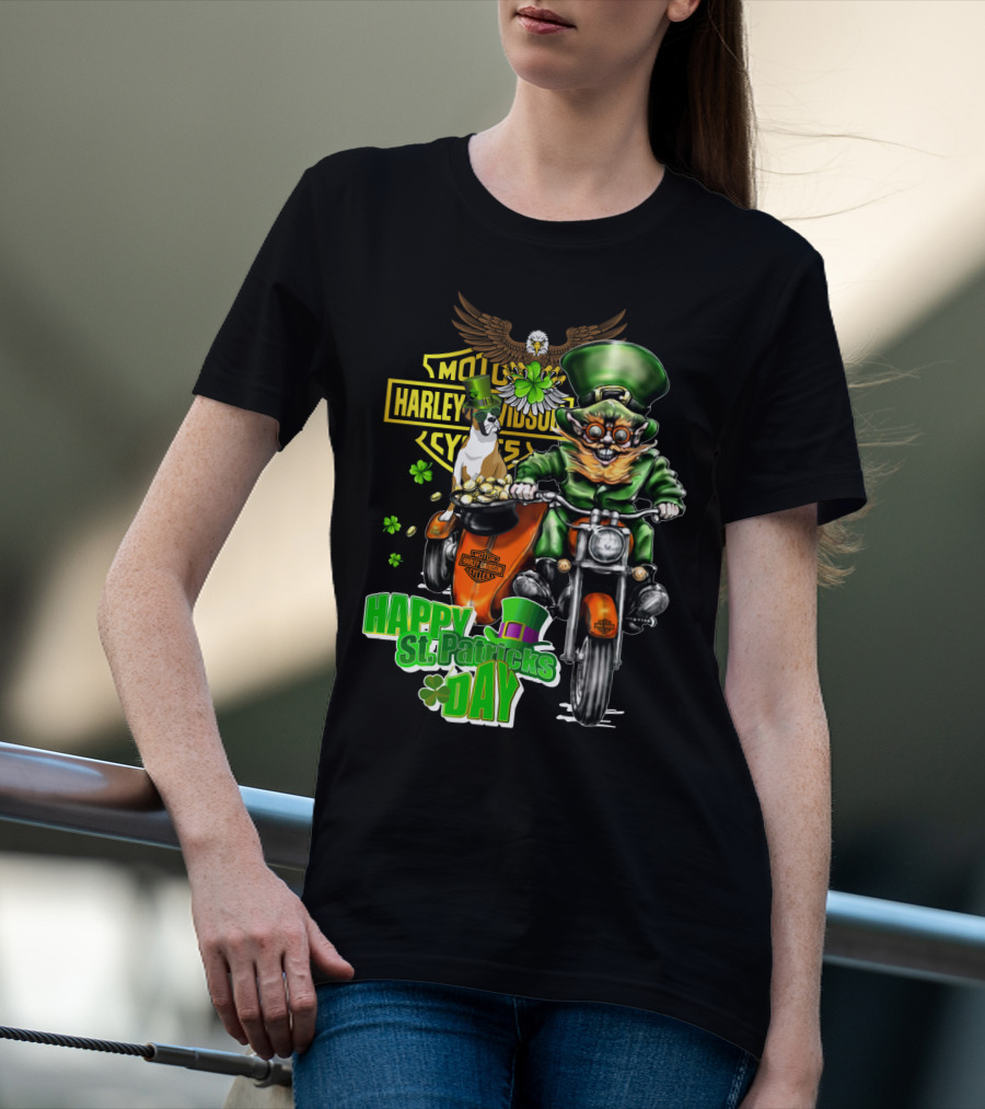 Happy St. Patricks Day Harley Davidson Motorcycles Cycle Riding Leprechaun And Boxer T-Shirt