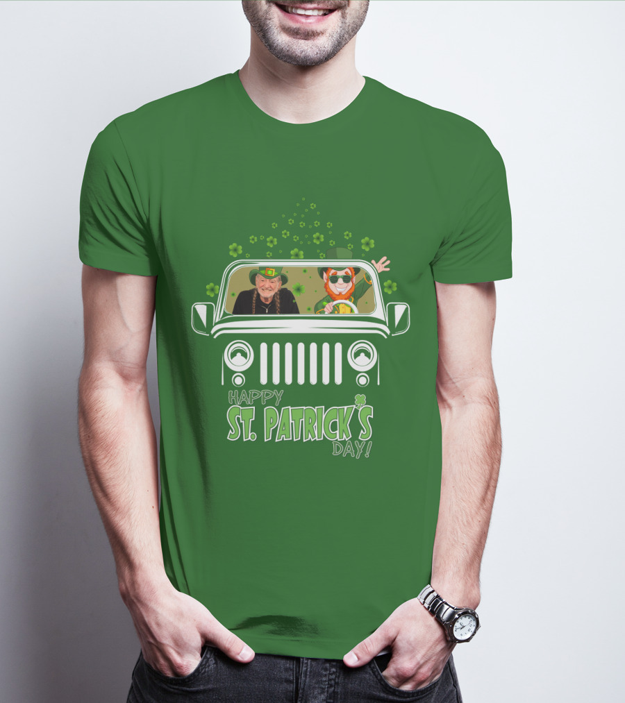 Happy St. Patrick's Day Willie Nelson 51 Jeep With Leprechaun And Clover Themes T-Shirt