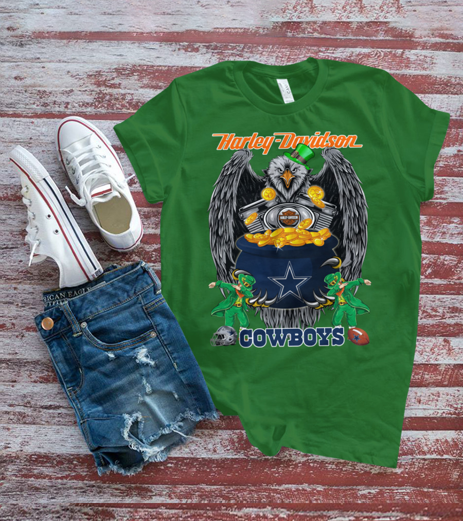 Harley Davidson Nfl Dallas Cowboys Eagle With Leprechauns And Pot Of Gold T-Shirt