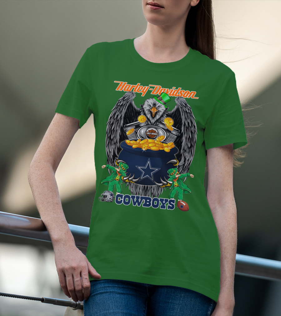 Harley Davidson Nfl Dallas Cowboys Eagle With Leprechauns And Pot Of Gold T-Shirt
