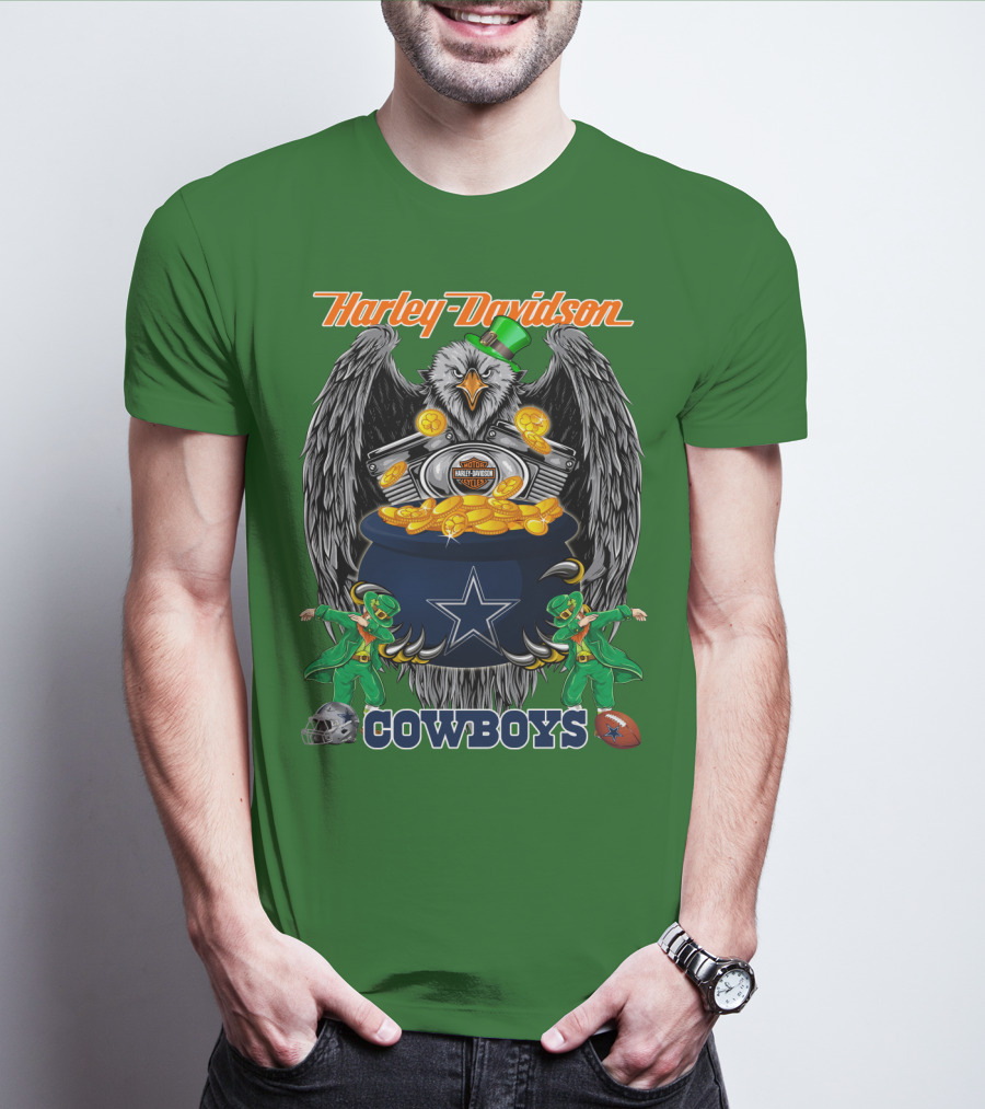 Harley Davidson Nfl Dallas Cowboys Eagle With Leprechauns And Pot Of Gold T-Shirt