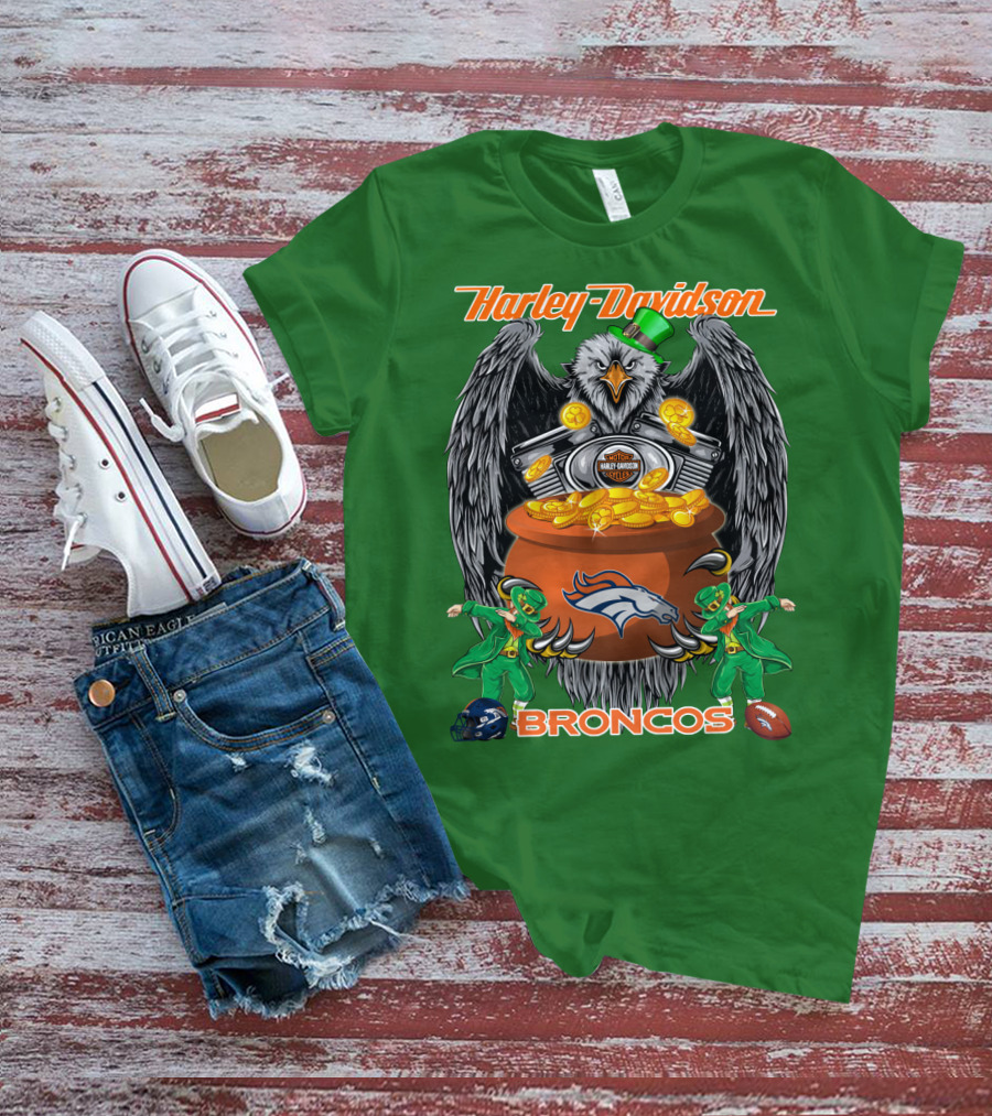 Harley Davidson Denver Broncos Nfl Leprechaun Eagle Pot Of Gold T-Shirt
