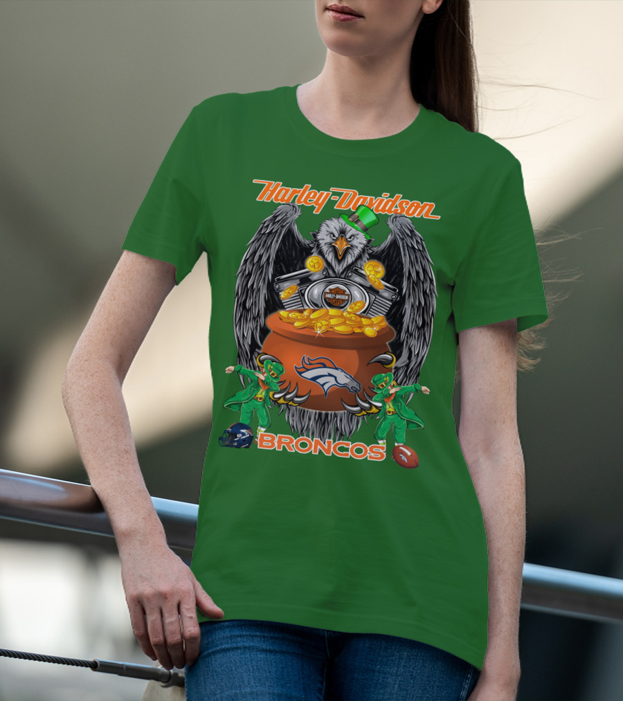 Harley Davidson Denver Broncos Nfl Leprechaun Eagle Pot Of Gold T-Shirt
