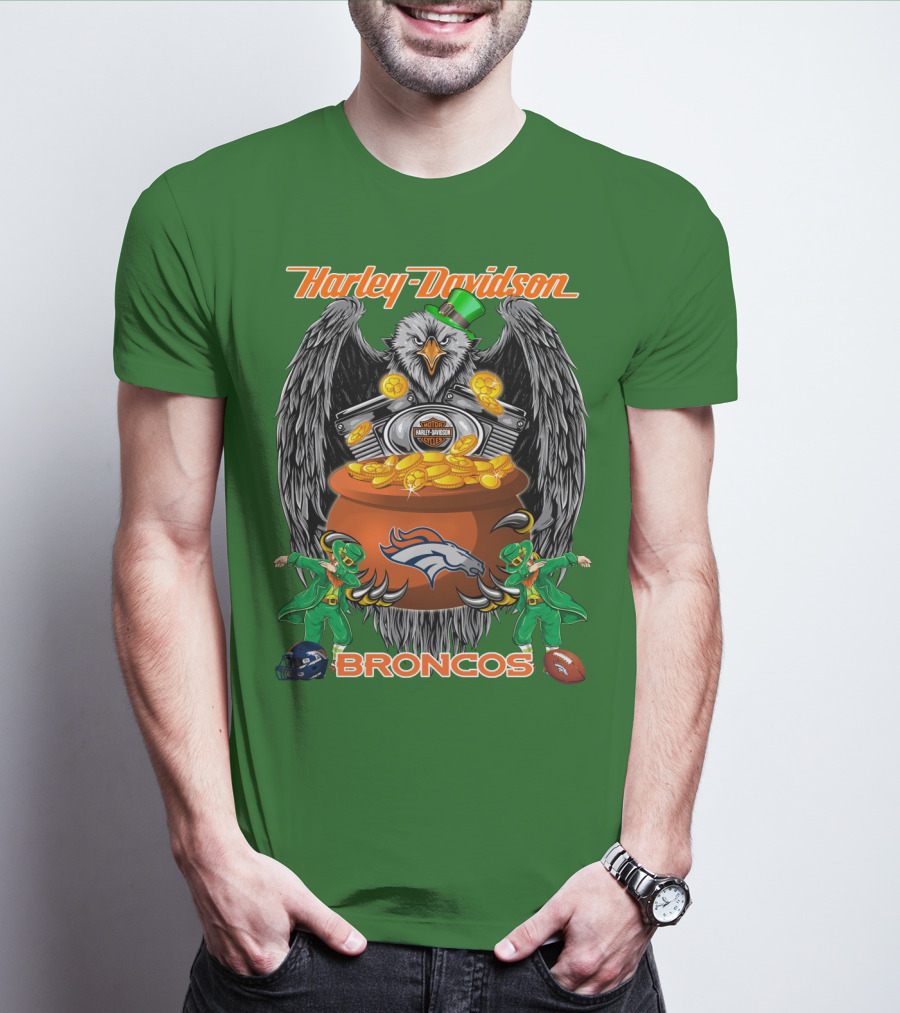 Harley Davidson Denver Broncos Nfl Leprechaun Eagle Pot Of Gold T-Shirt