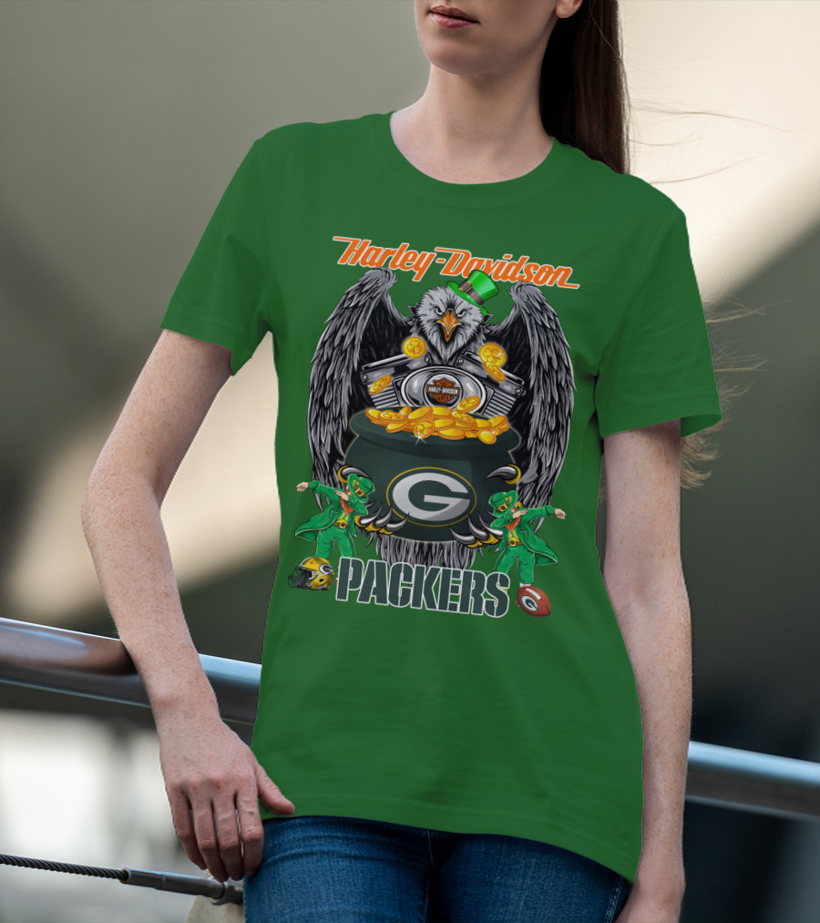 Harley Davidson Packers Nfl Green Bay Eagles And Leprechauns With Coins T-Shirt