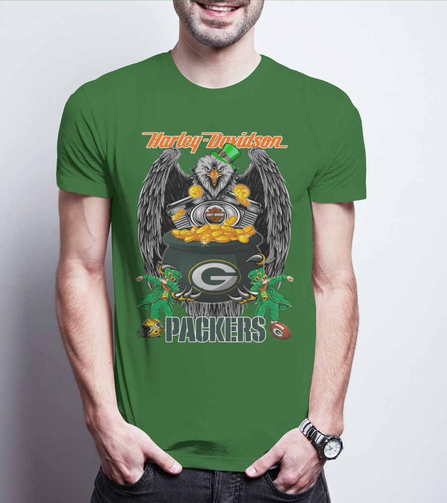 Harley Davidson Packers Nfl Green Bay Eagles And Leprechauns With Coins T-Shirt