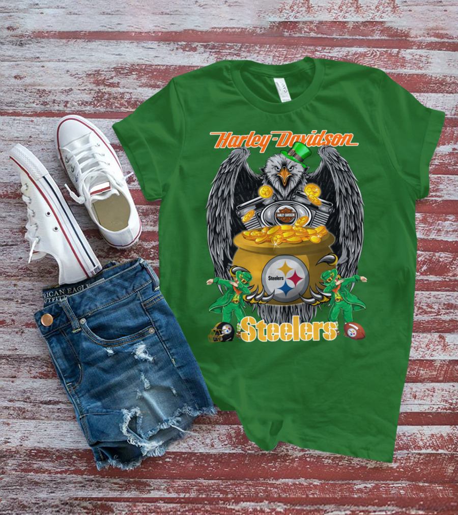 Harley Davidson Steelers Eagle Leprechaun Gold Nfl Pittsburgh T-Shirt