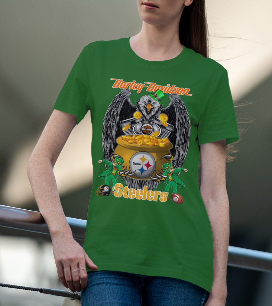 Harley Davidson Steelers Eagle Leprechaun Gold Nfl Pittsburgh T-Shirt