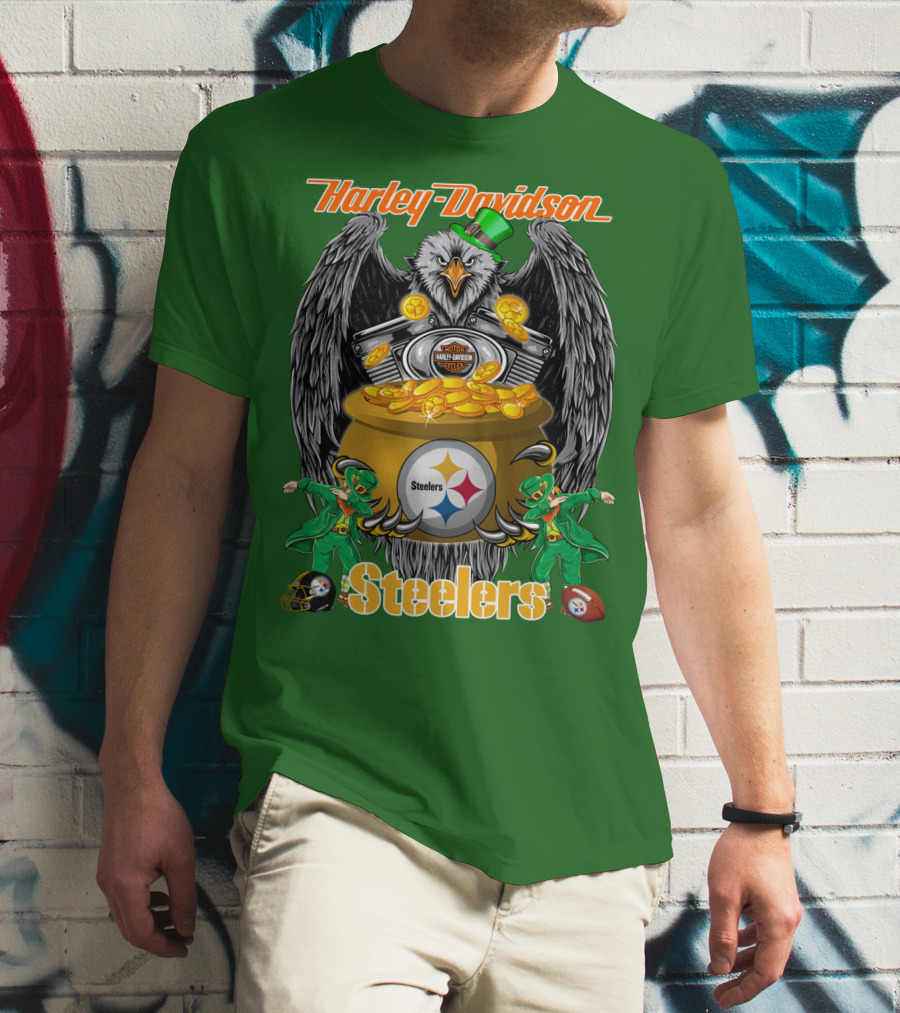 Harley Davidson Steelers Eagle Leprechaun Gold Nfl Pittsburgh T-Shirt
