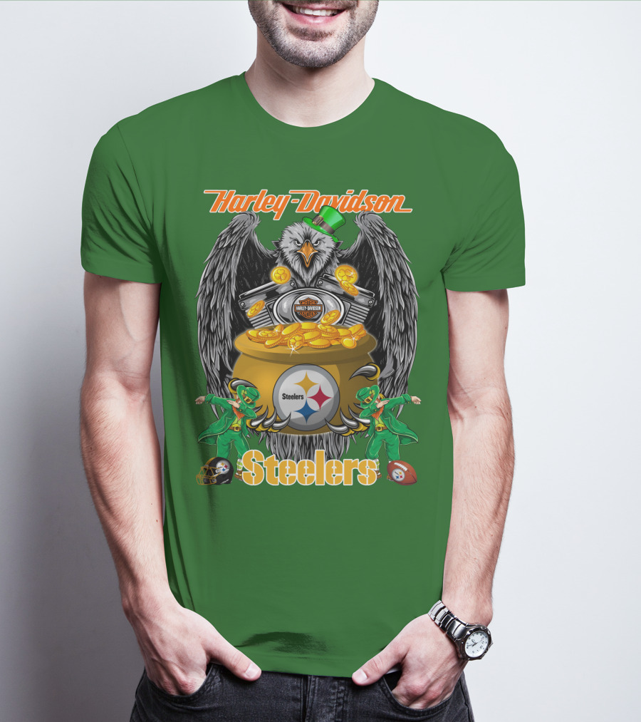 Harley Davidson Steelers Eagle Leprechaun Gold Nfl Pittsburgh T-Shirt
