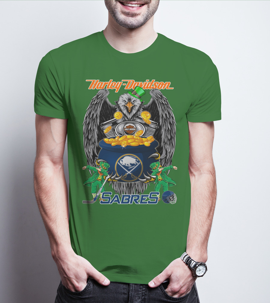 Harley Davidson Sabres Nhl Buffalo St. Patrick's Day Eagle And Pot Of Gold T-Shirt