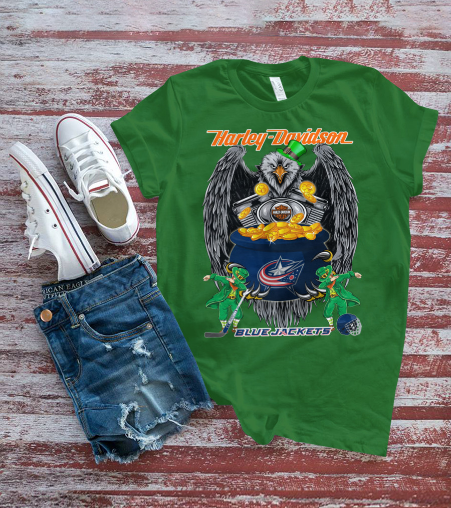 Harley Davidson Columbus Blue Jackets Nhl Eagle Leprechaun Gold Coins Green Hat T-Shirt