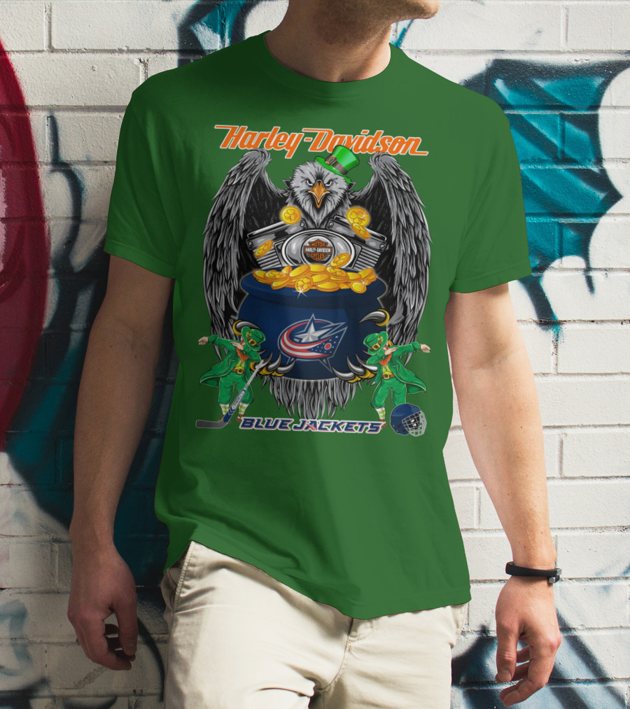 Harley Davidson Columbus Blue Jackets Nhl Eagle Leprechaun Gold Coins Green Hat T-Shirt