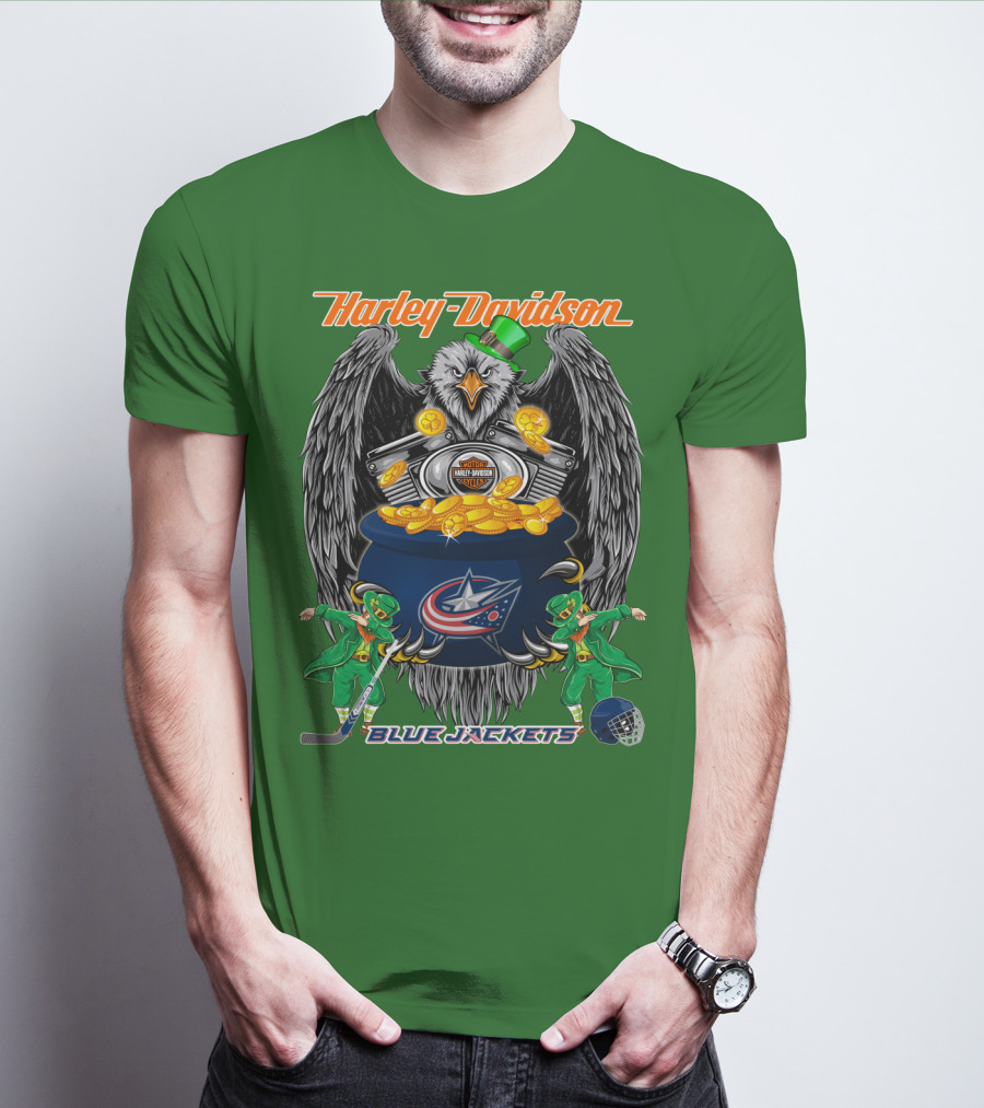 Harley Davidson Columbus Blue Jackets Nhl Eagle Leprechaun Gold Coins Green Hat T-Shirt