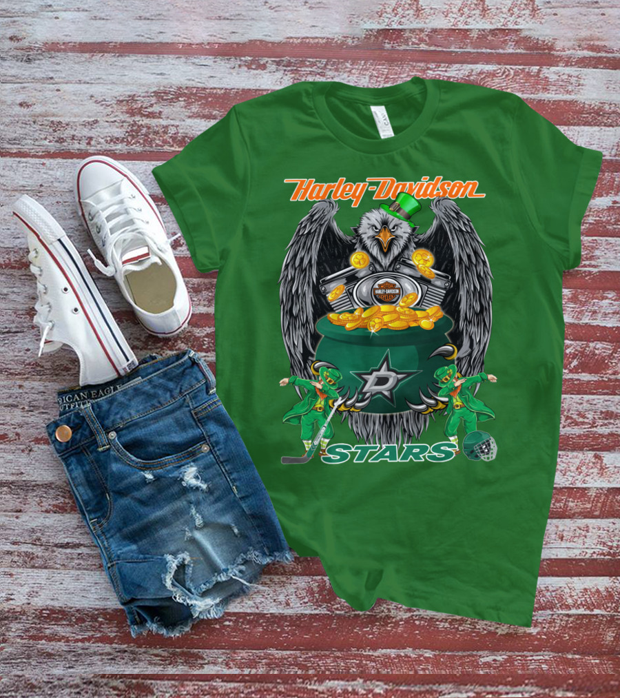 Harley Davidson Dallas Stars Nhl Eagle With Leprechauns And Hockey Gear T-Shirt