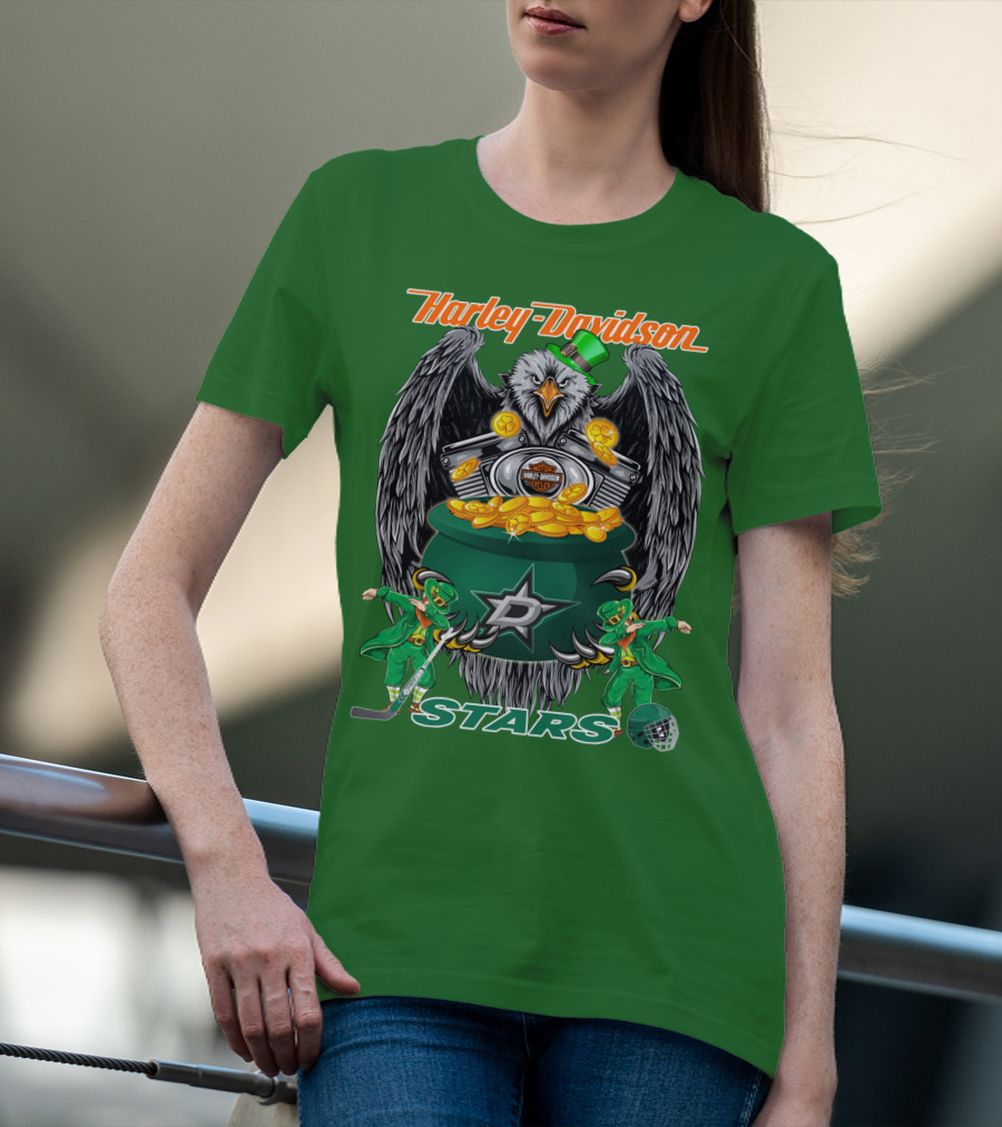 Harley Davidson Dallas Stars Nhl Eagle With Leprechauns And Hockey Gear T-Shirt