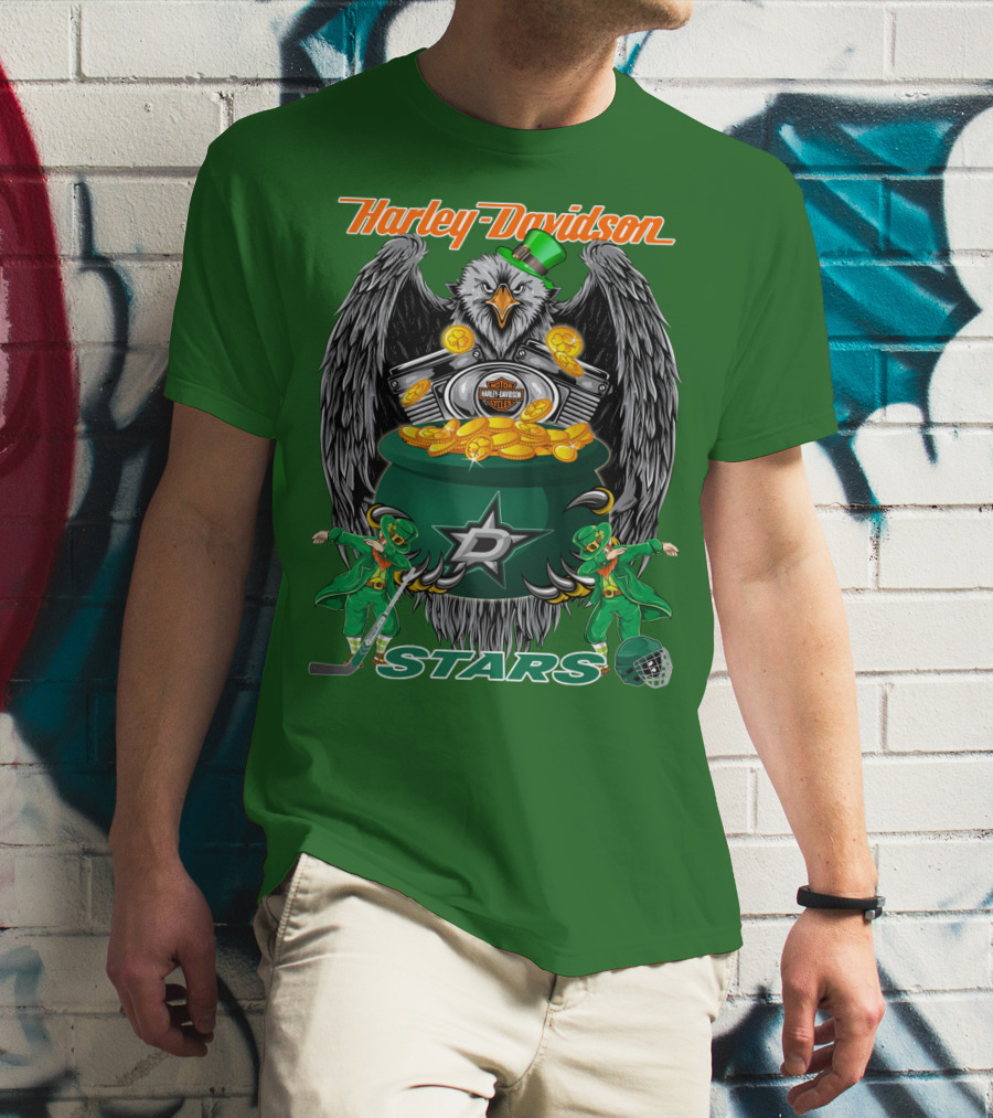 Harley Davidson Dallas Stars Nhl Eagle With Leprechauns And Hockey Gear T-Shirt