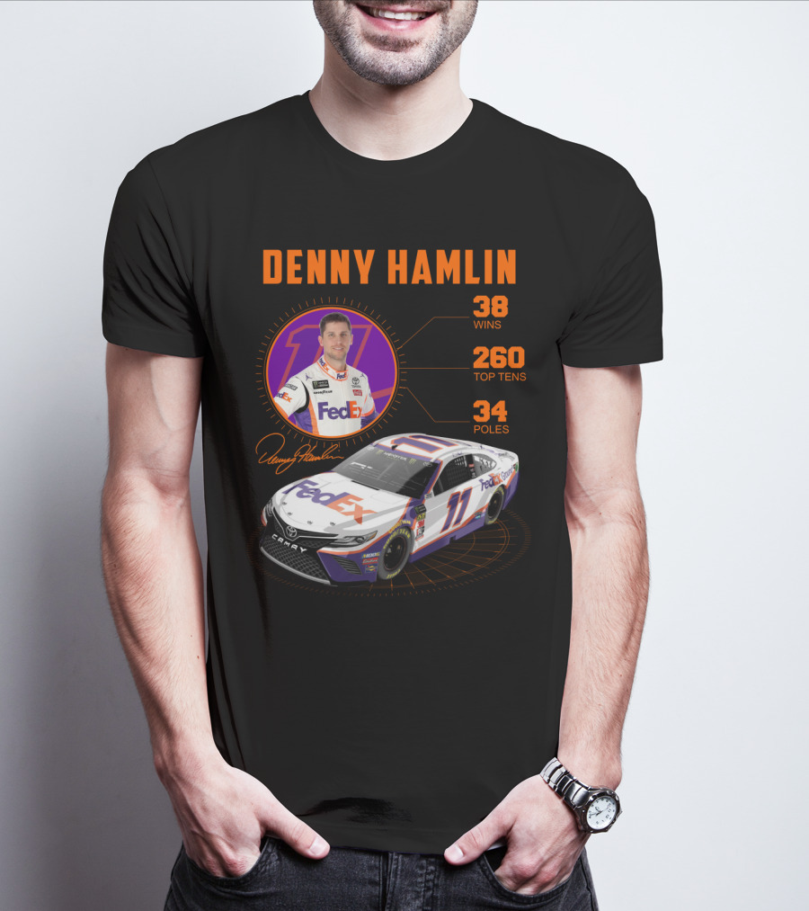 Denny Hamlin Fedex 11 Racing Stats 38 Wins 260 Top Tens 34 Poles T-Shirt