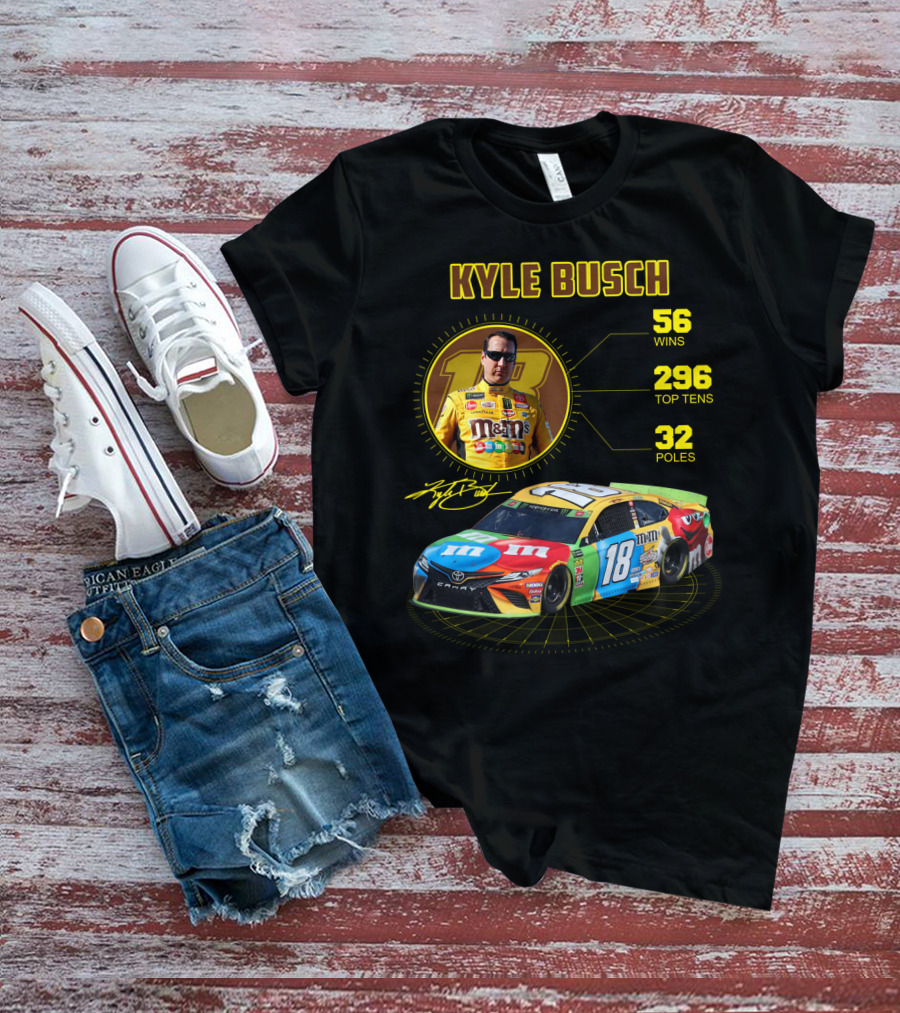 Kyle Busch M&M's 18 Toyota 56 Wins 296 Top Tens 32 Poles T-Shirt