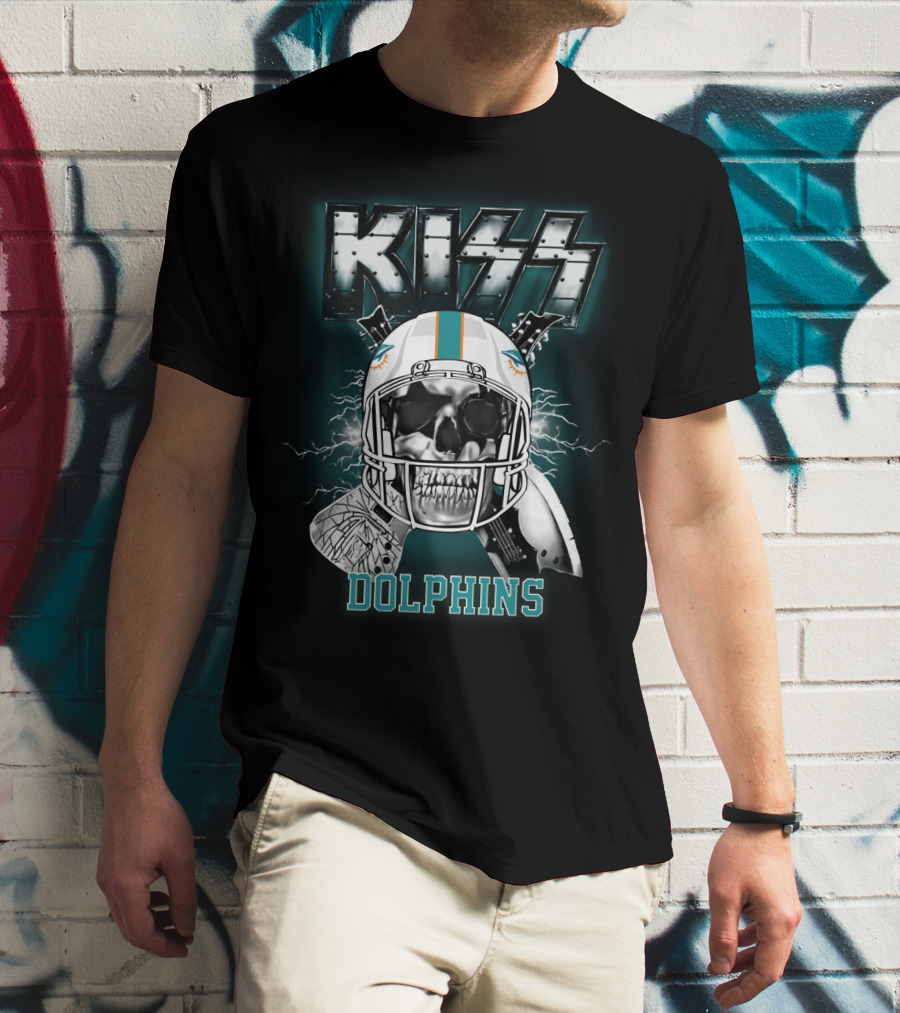 Kiss Dolphins Miami Football Skull Helmet Electric Guitars T-Shirt