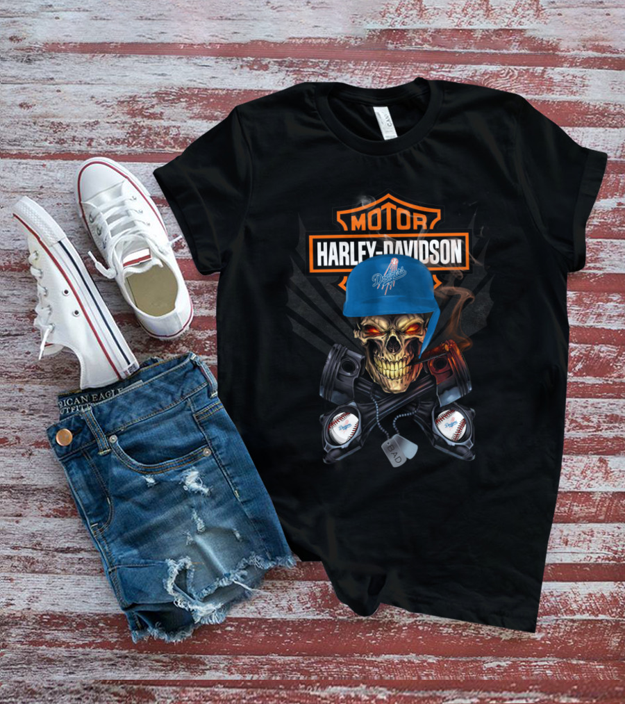 Harley Davidson Skull With Los Angeles Dodgers Cap And Baseball Motif T-Shirt