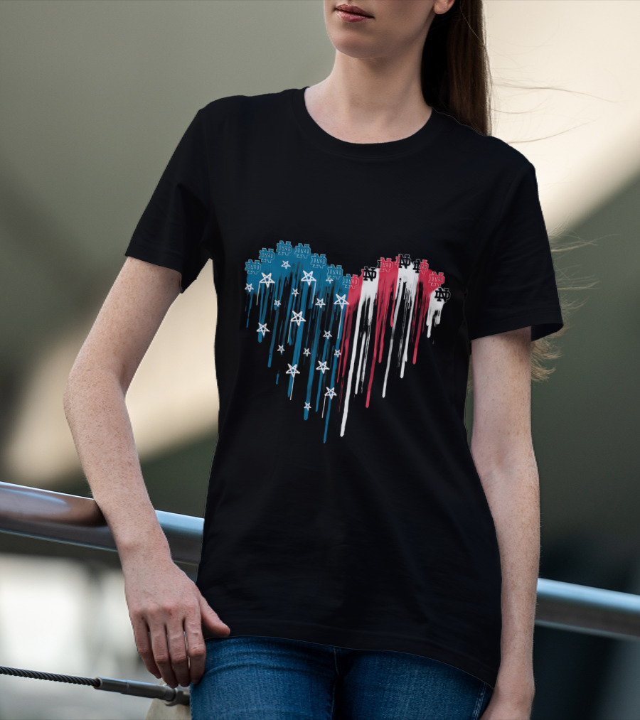 Notre Dame Fighting Irish Heart With Stars And Nd Logos Dripping In Red White And Blue T-Shirt