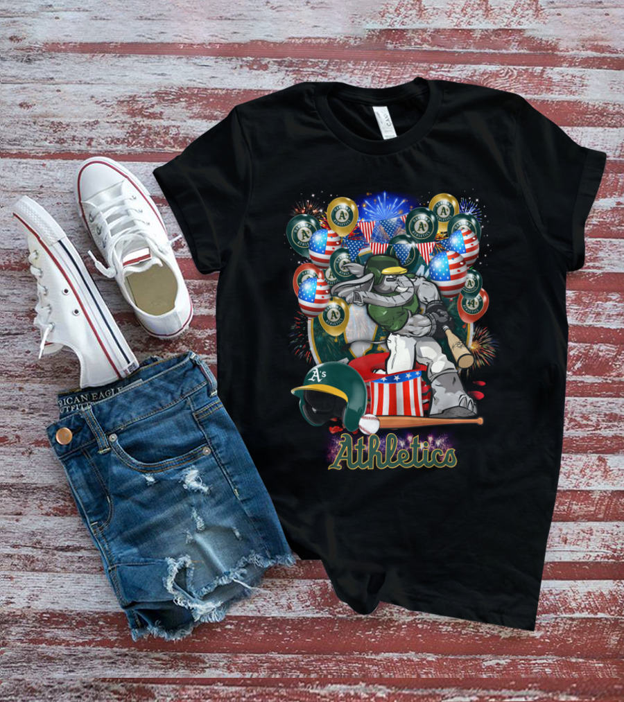 Mlb Oakland Athletics Fireworks Celebration With American Flags And Baseball Elements T-Shirt
