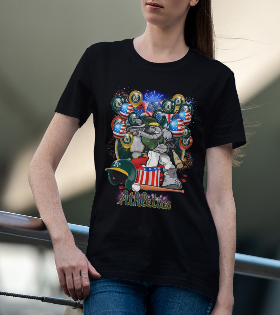 Mlb Oakland Athletics Fireworks Celebration With American Flags And Baseball Elements T-Shirt