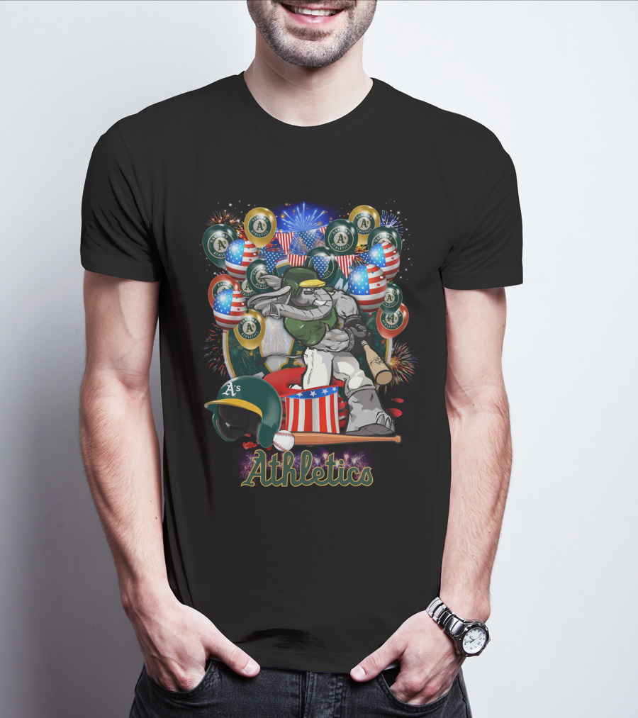 Mlb Oakland Athletics Fireworks Celebration With American Flags And Baseball Elements T-Shirt