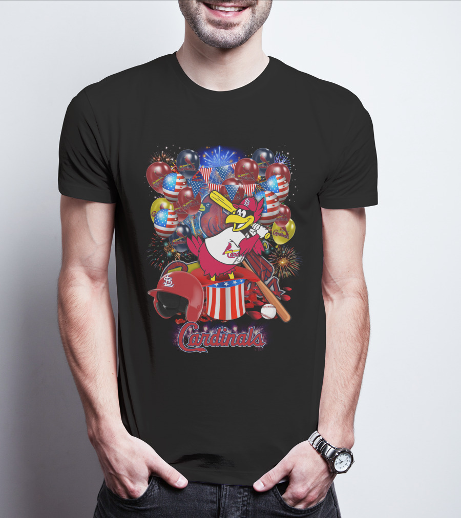 St Louis Cardinals Patriotic Fireworks And Balloons T-Shirt