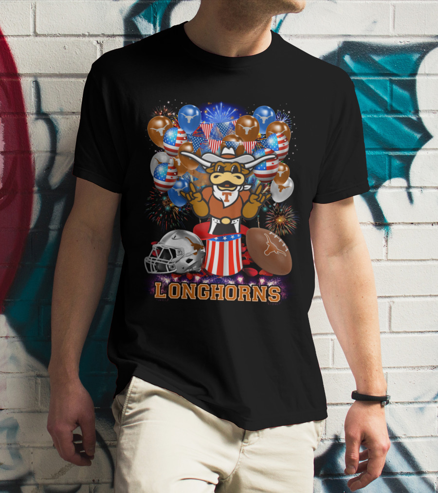 Ncaa Texas Longhorns Mascot Fireworks Balloons Helmet Football T-Shirt
