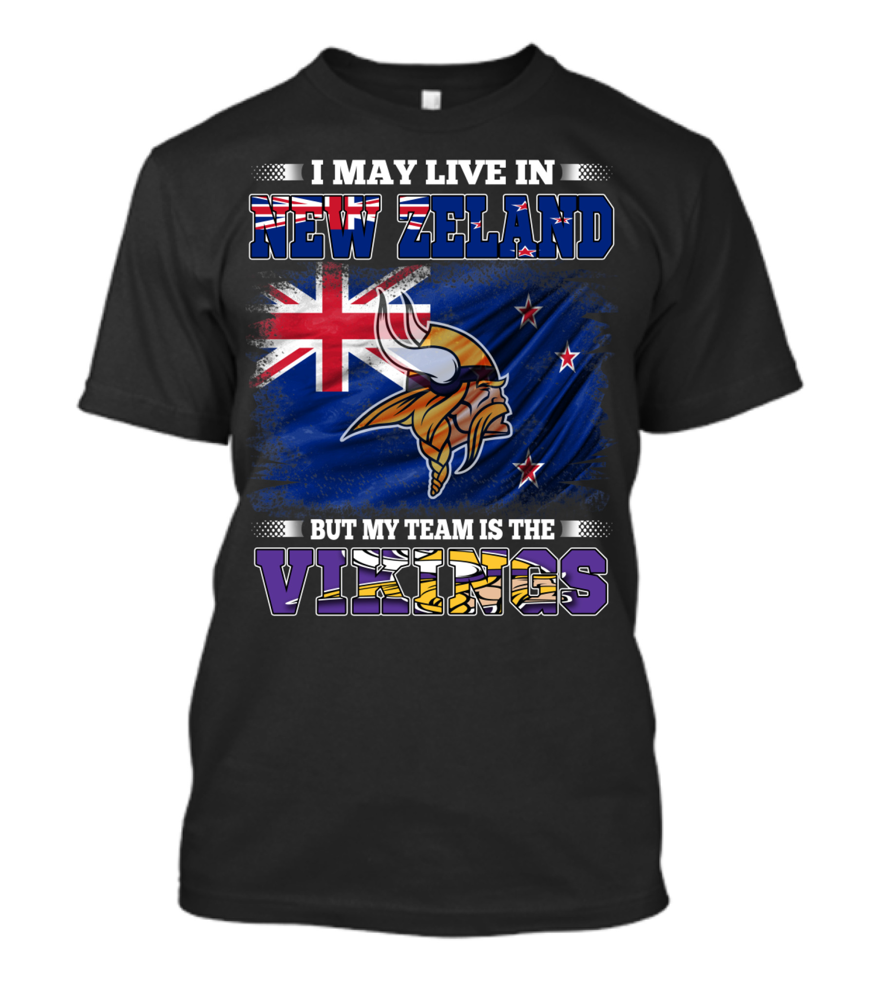 I May Live In New Zeland But My Team Is The Vikings Flag With New Zealand Flag And Viking Helmet T-Shirt