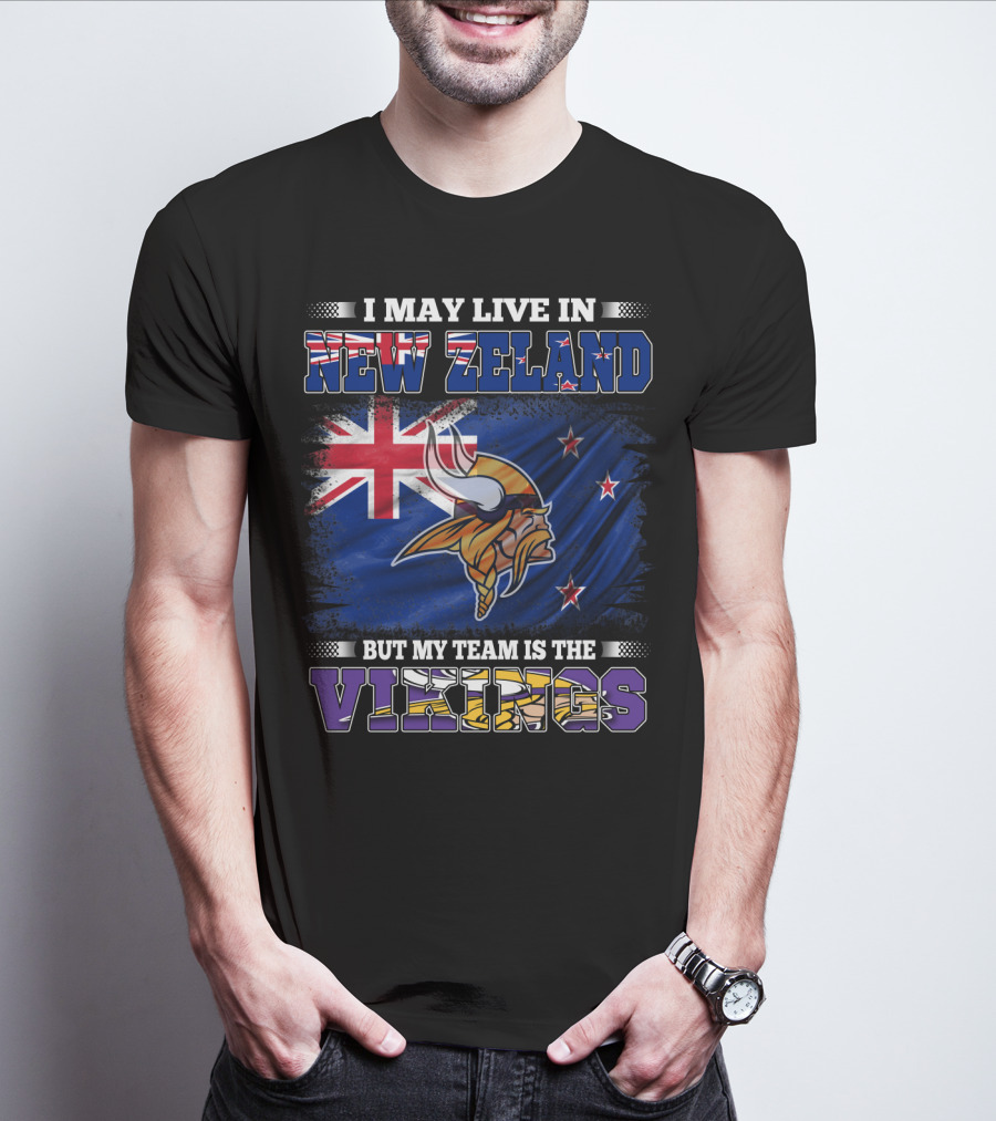 I May Live In New Zeland But My Team Is The Vikings Flag With New Zealand Flag And Viking Helmet T-Shirt