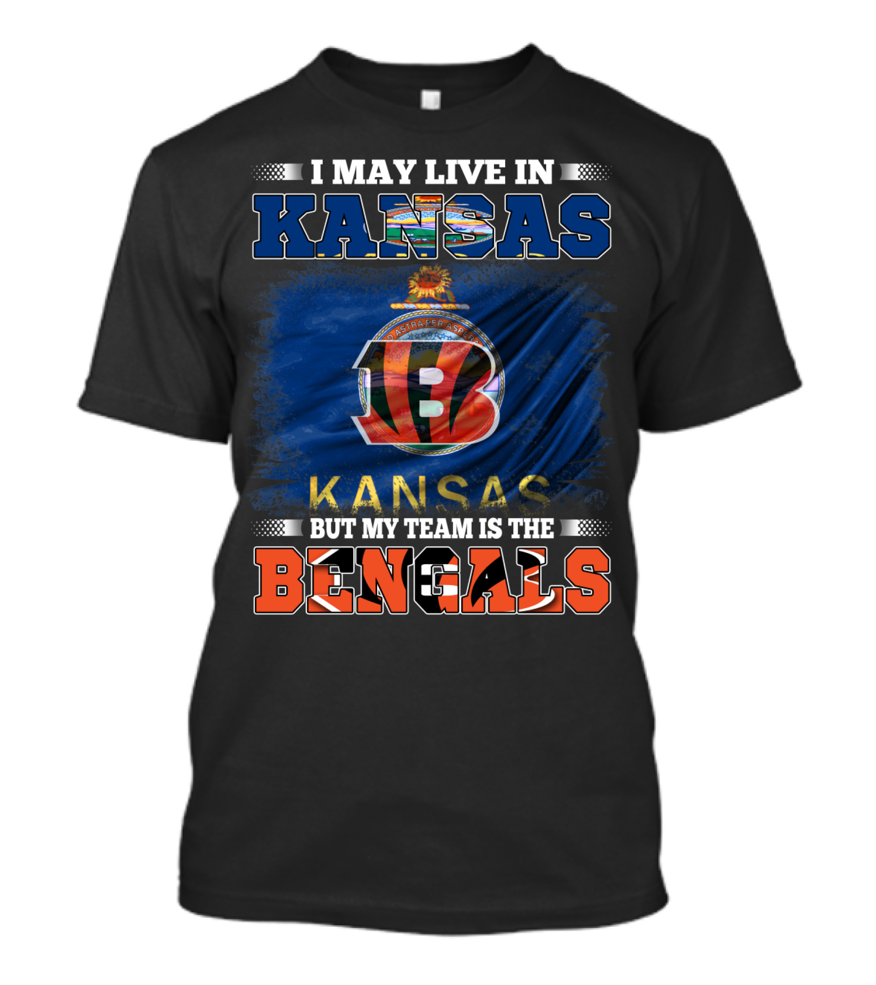 I May Live In Kansas But My Team Is The Bengals Kansas Flag Background T-Shirt