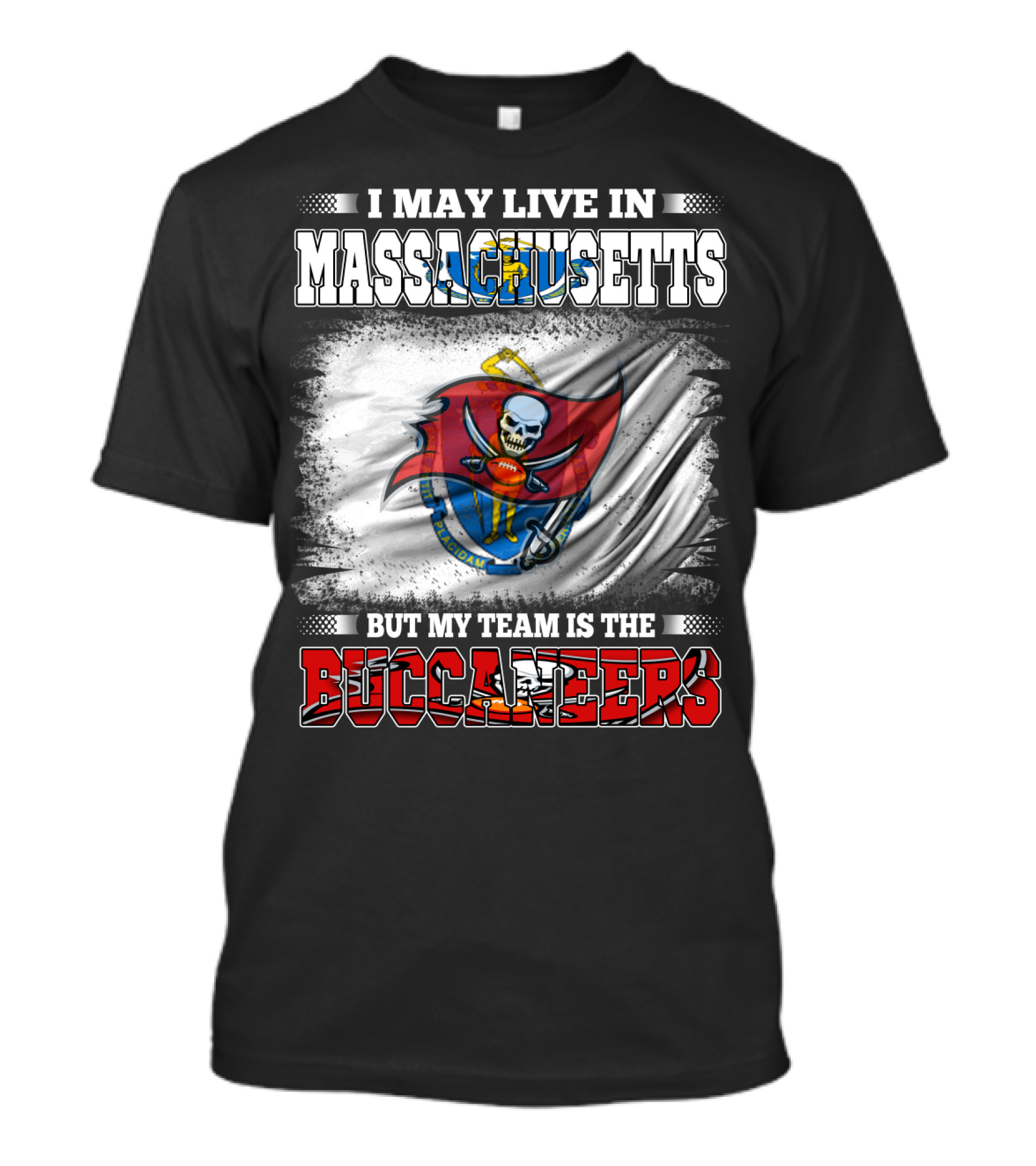 Massachusetts Resident Supporting Buccaneers With Flag And Skull T-Shirt