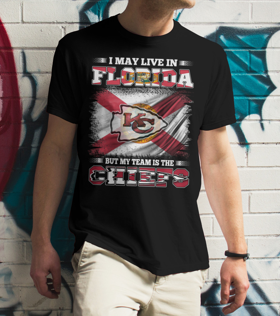 I May Live In Florida But My Team Is The Chiefs KC Logo Florida Flag T-Shirt
