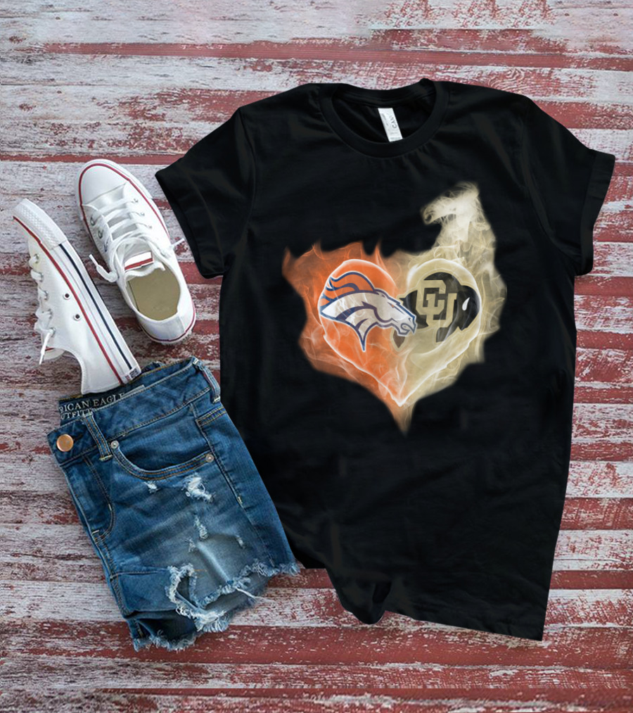 Broncos Colorado Buffaloes Heart-Shaped Flames T-Shirt