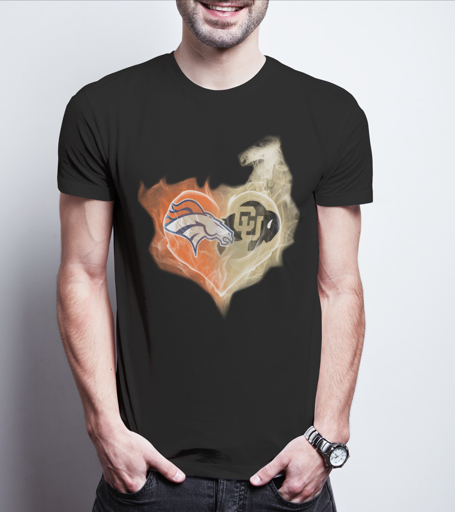 Broncos Colorado Buffaloes Heart-Shaped Flames T-Shirt