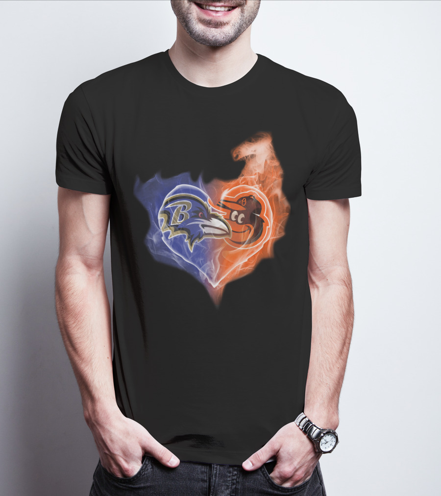Baltimore Ravens Orioles Heart Flame T-Shirt