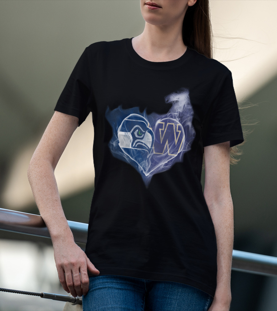 Seattle Seahawks Washington Huskies Heart Logo Smoke T-Shirt