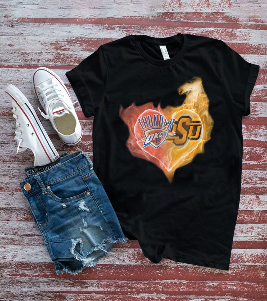 Thunder OKC And OSU Cowboys Flame Heart T-Shirt