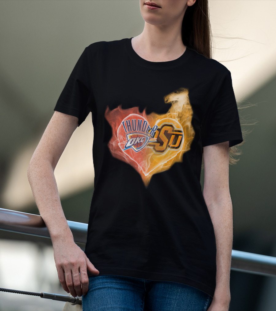 Thunder OKC And OSU Cowboys Flame Heart T-Shirt