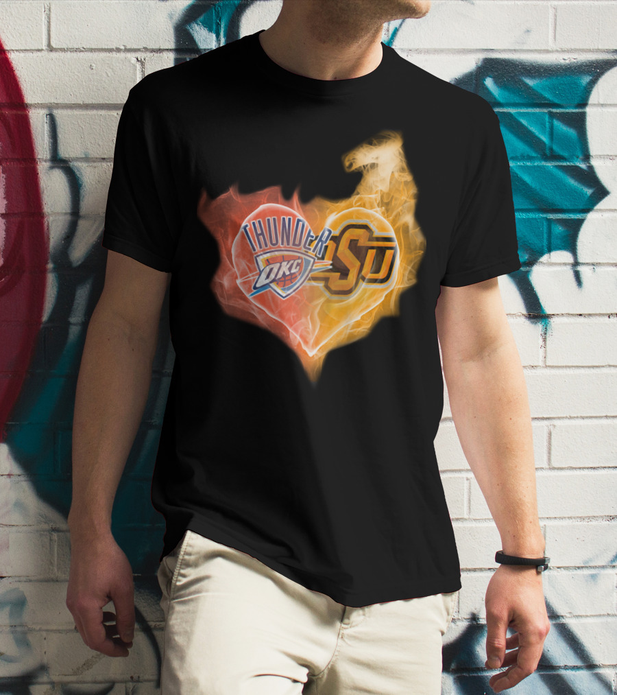 Thunder OKC And OSU Cowboys Flame Heart T-Shirt