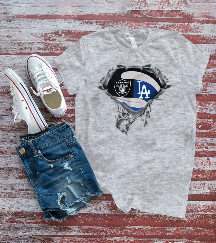 Raiders And Dodgers Logos Underneath Ripped Metal T-Shirt