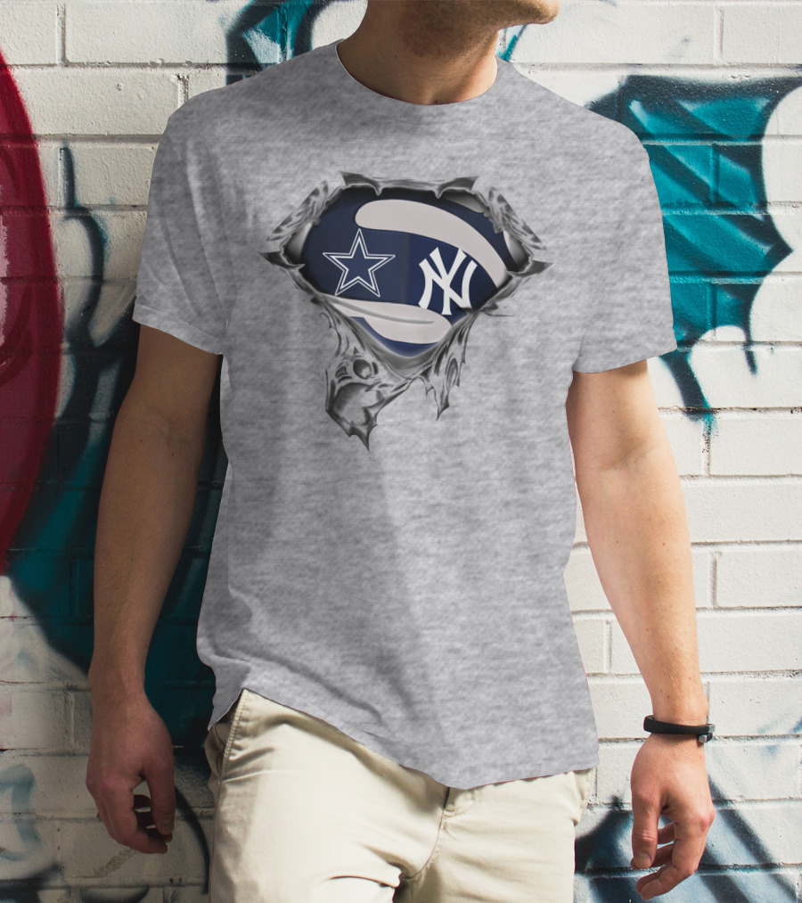 Cowboys Yankees Star And Ny Logo Fusion On Torn Fabric T-Shirt