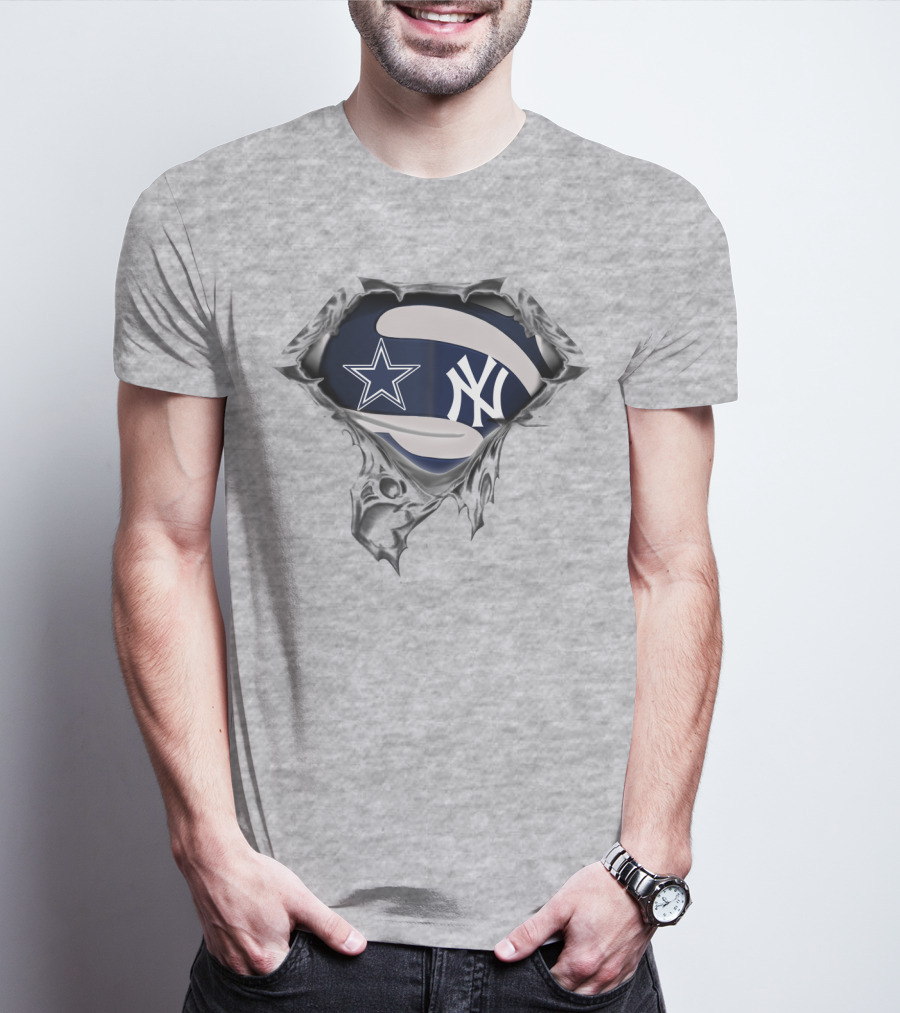 Cowboys Yankees Star And Ny Logo Fusion On Torn Fabric T-Shirt