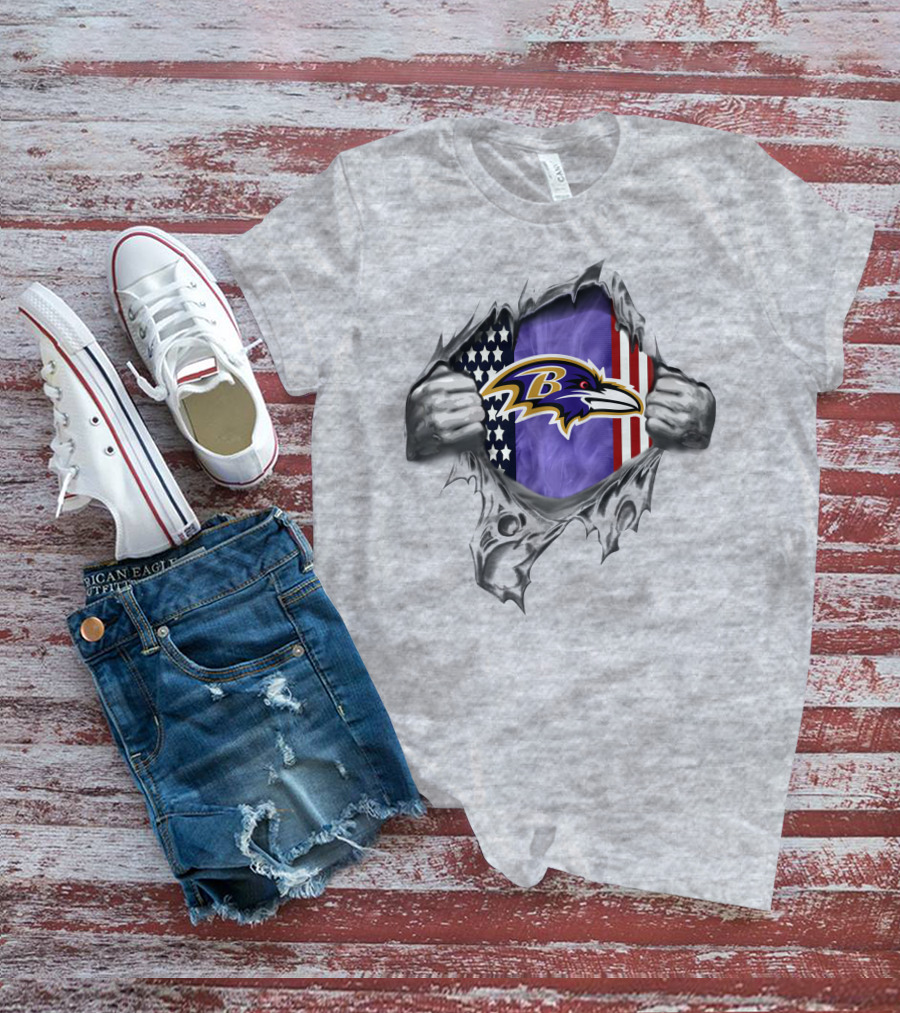 Baltimore Ravens American Flag Logo Graphic With Ripped Effect T-Shirt