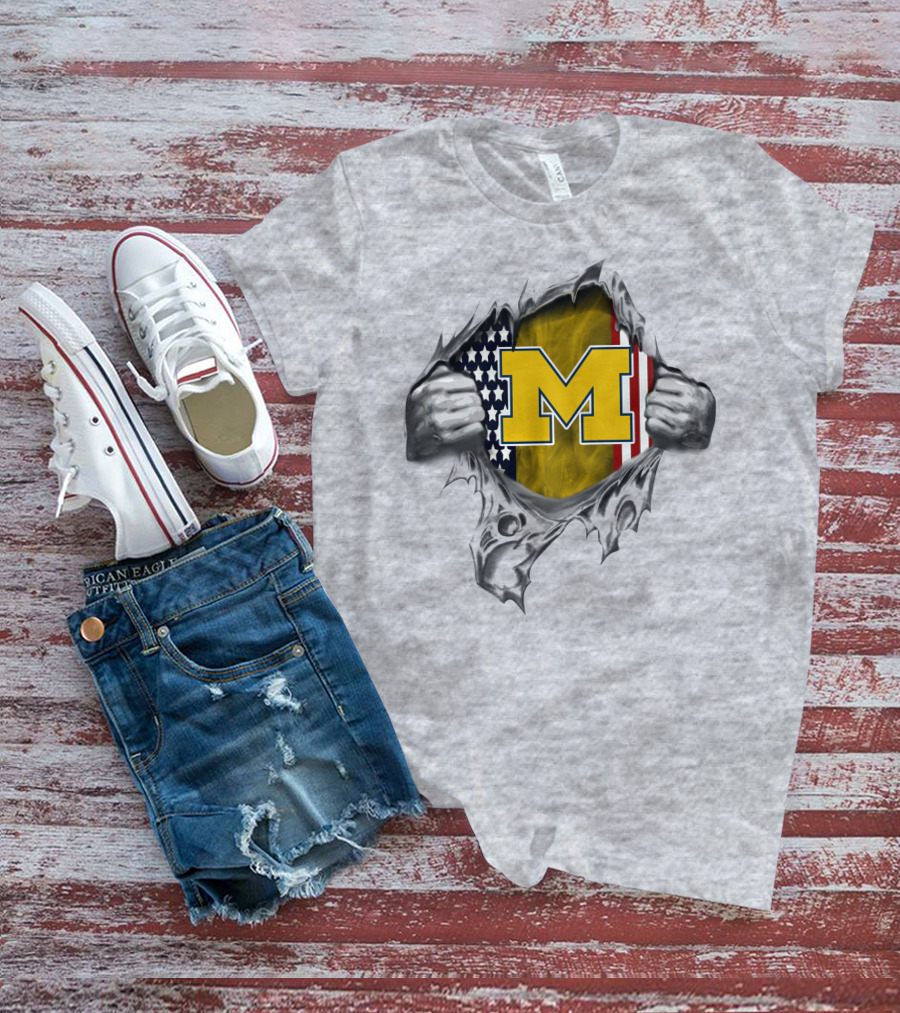 Michigan Wolverines M Logo With American Flag Tear T-Shirt